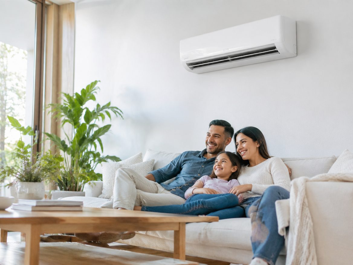 Family relaxing in a cool, comfortable living room